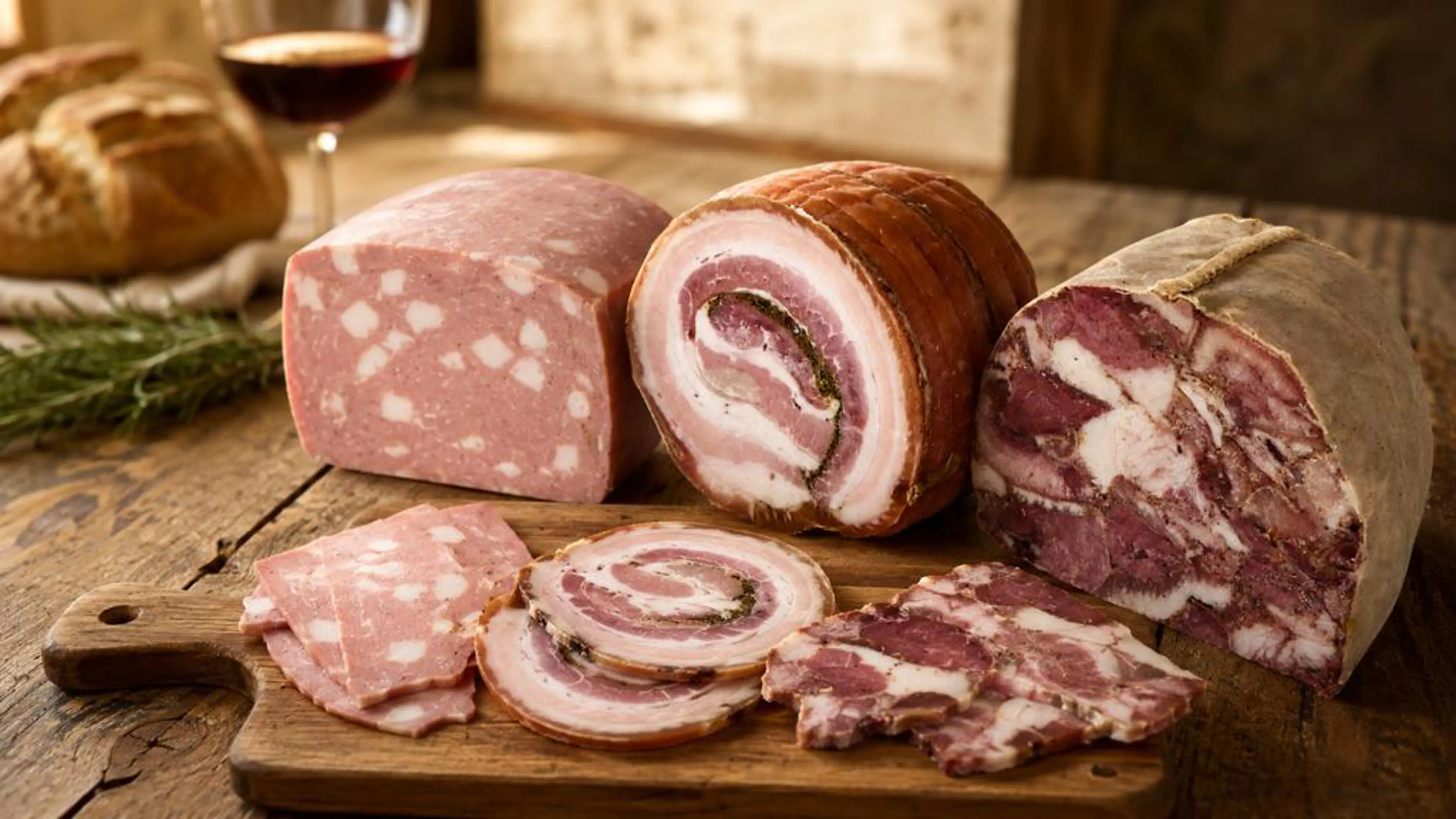 Tuscan cooked cured meats: pancetta cooked in lardo, soprassata, mortadella