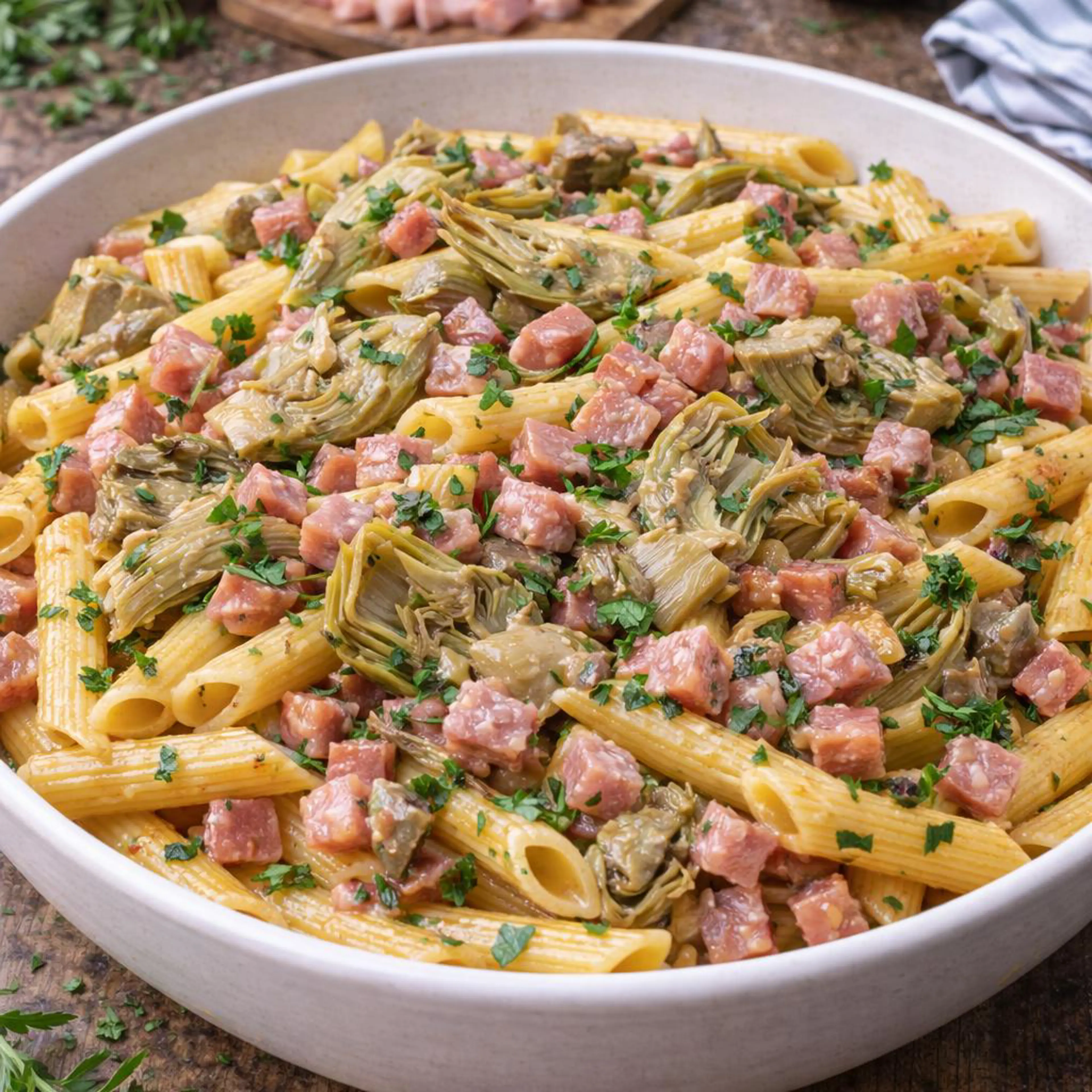 Penne met artisjokken en mortadella