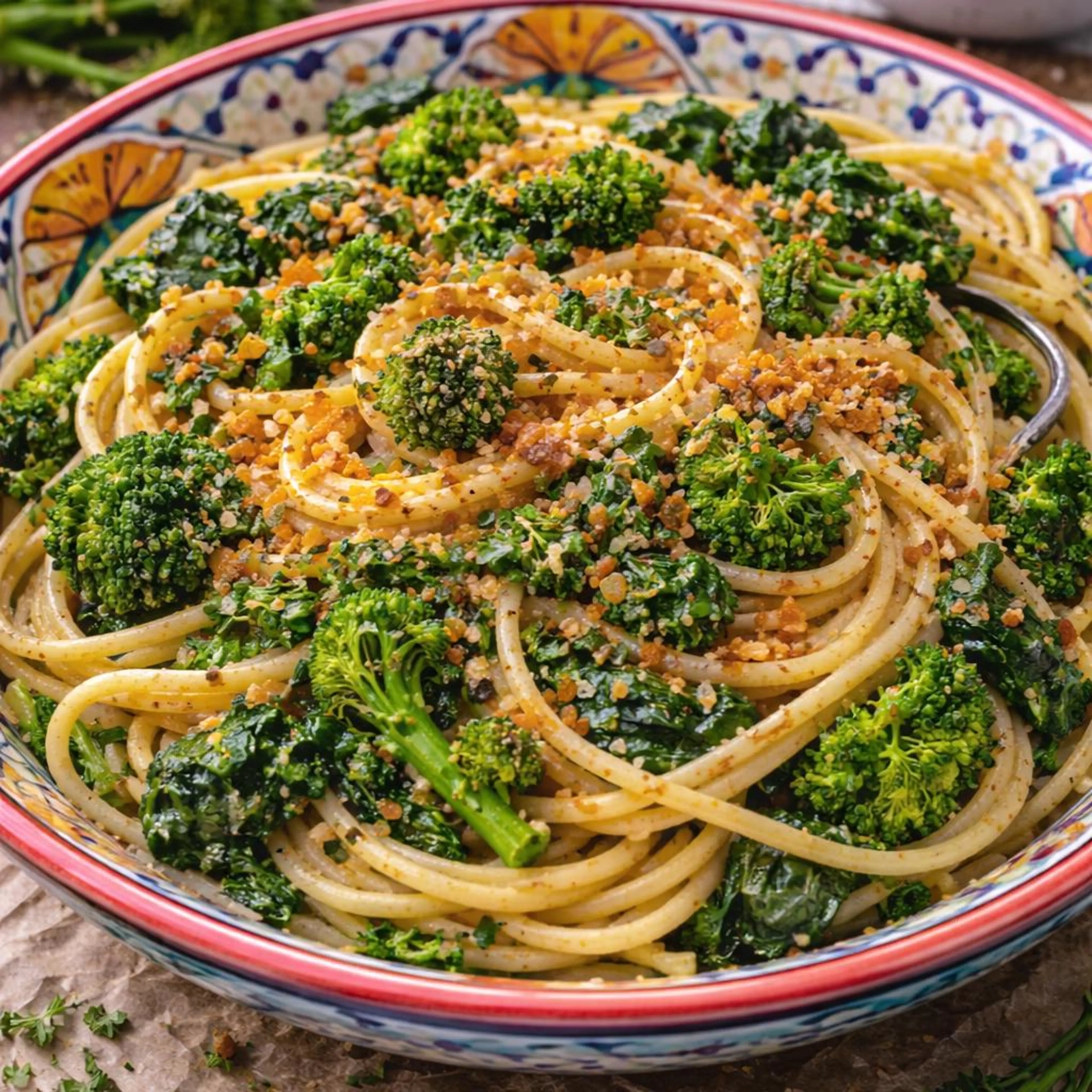 Spaghetti mit Stängelkohl, Walnüssen und Bottarga