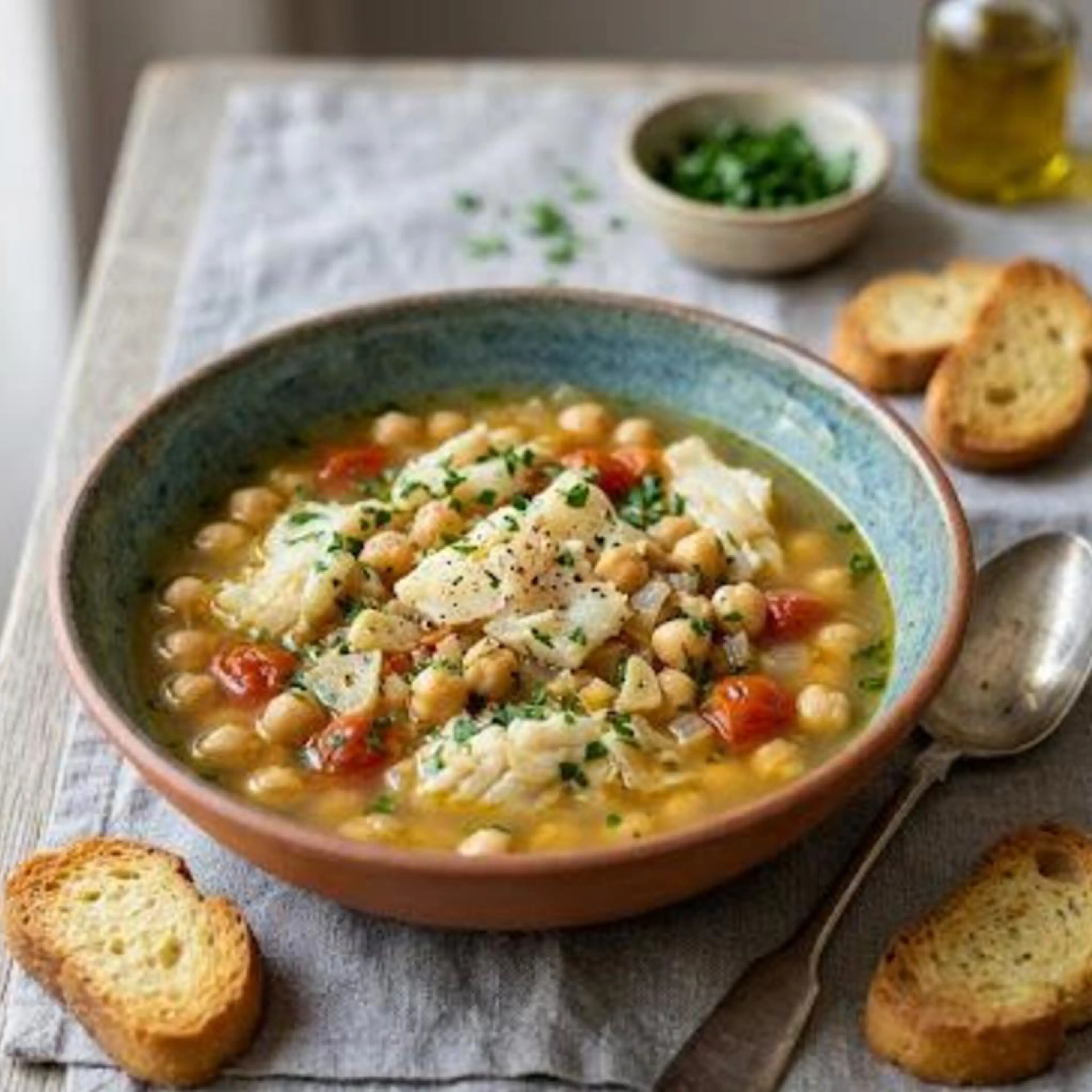 Kabeljau- und Kichererbsensuppe