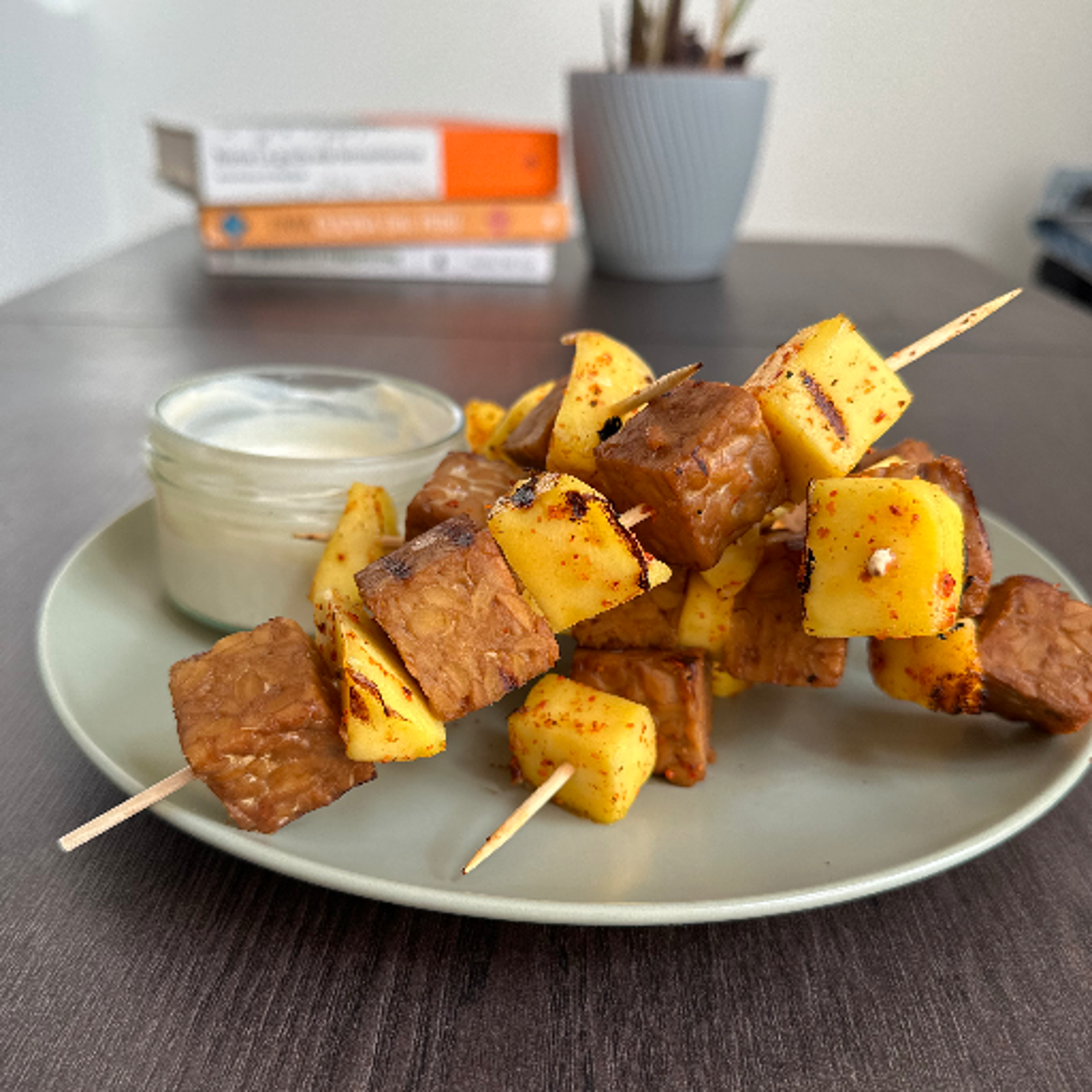 Tempeh and mango skewers