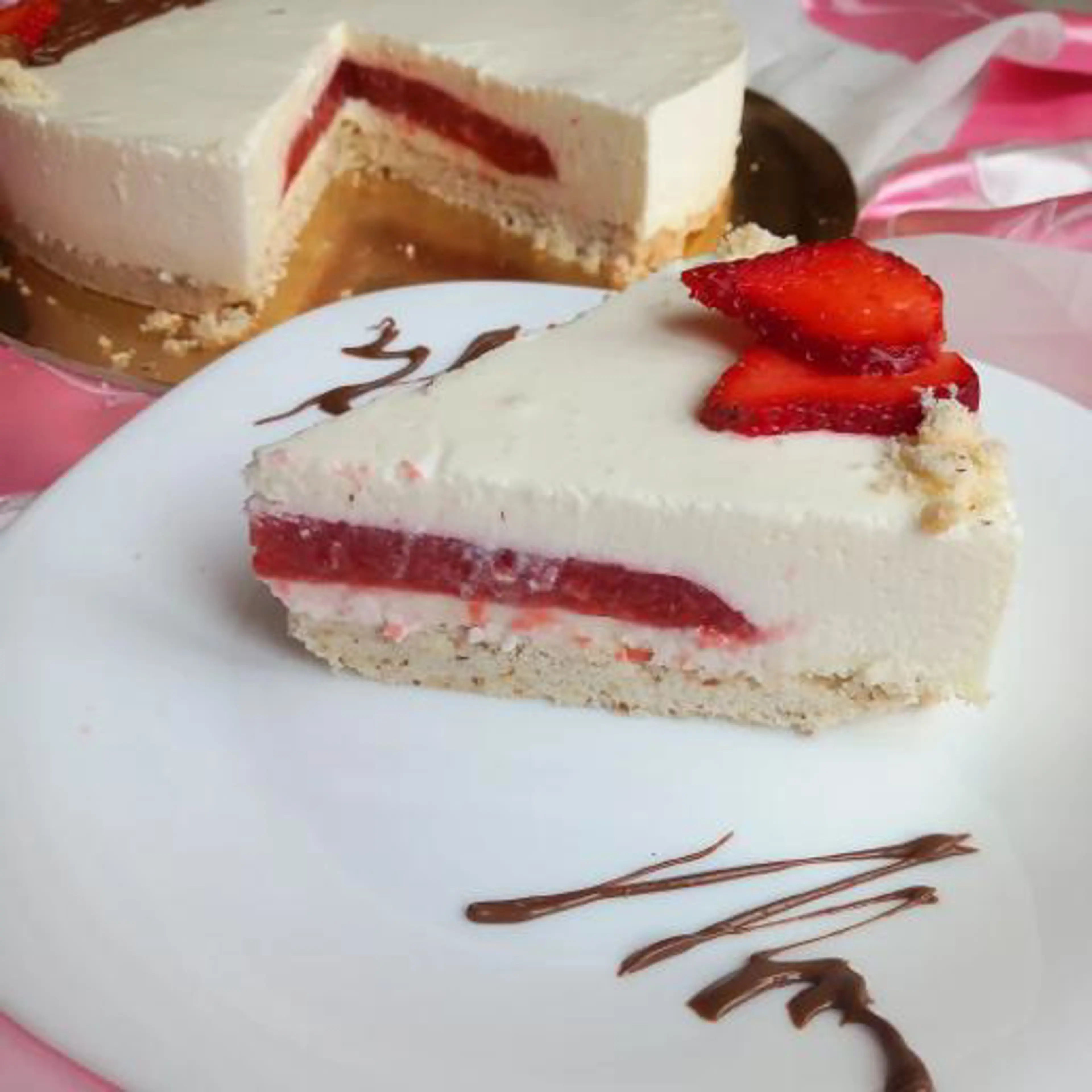 hazelnut sablee cake, strawberry gelee, mascarpone and vanilla cream