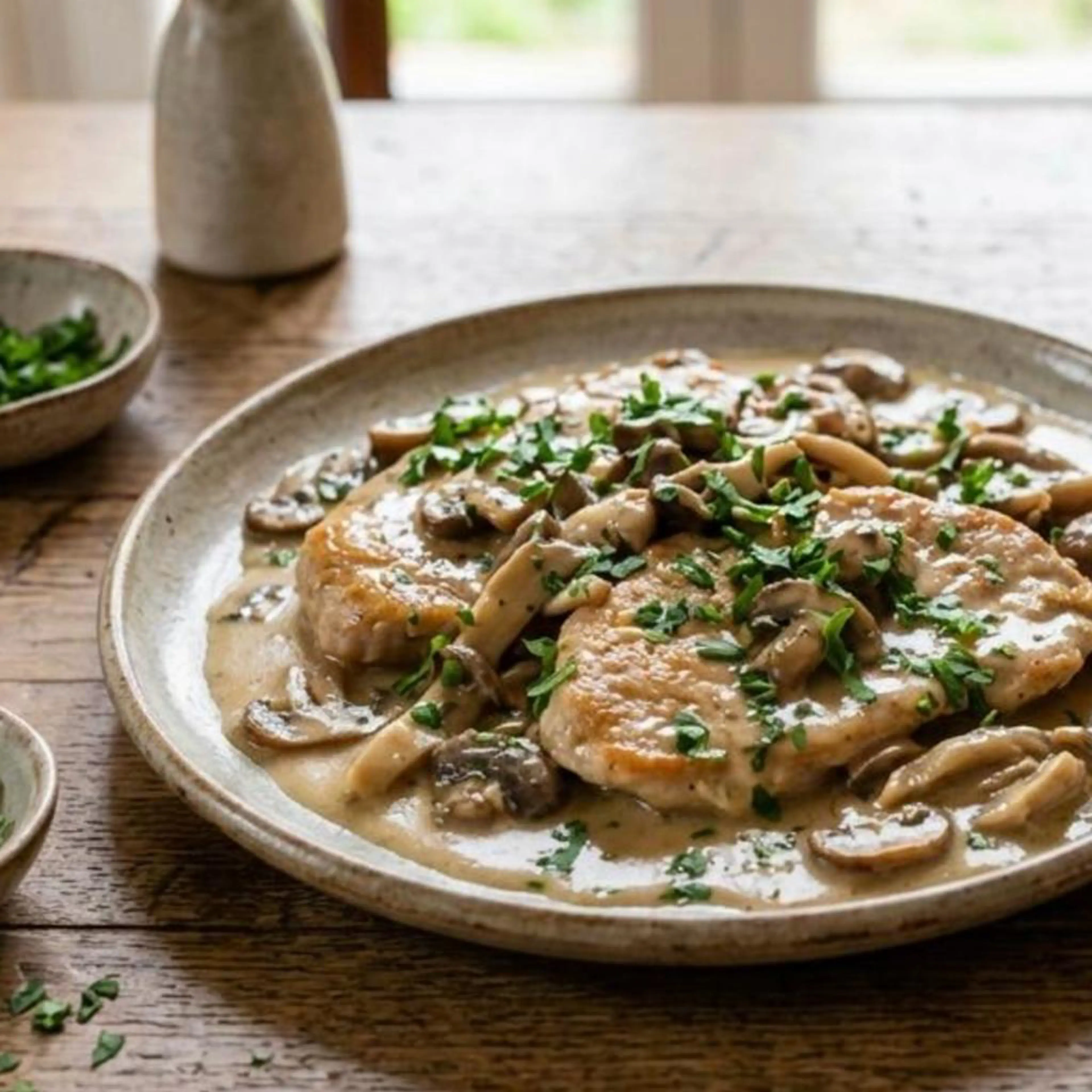 Escalopes com vinho branco e cogumelos