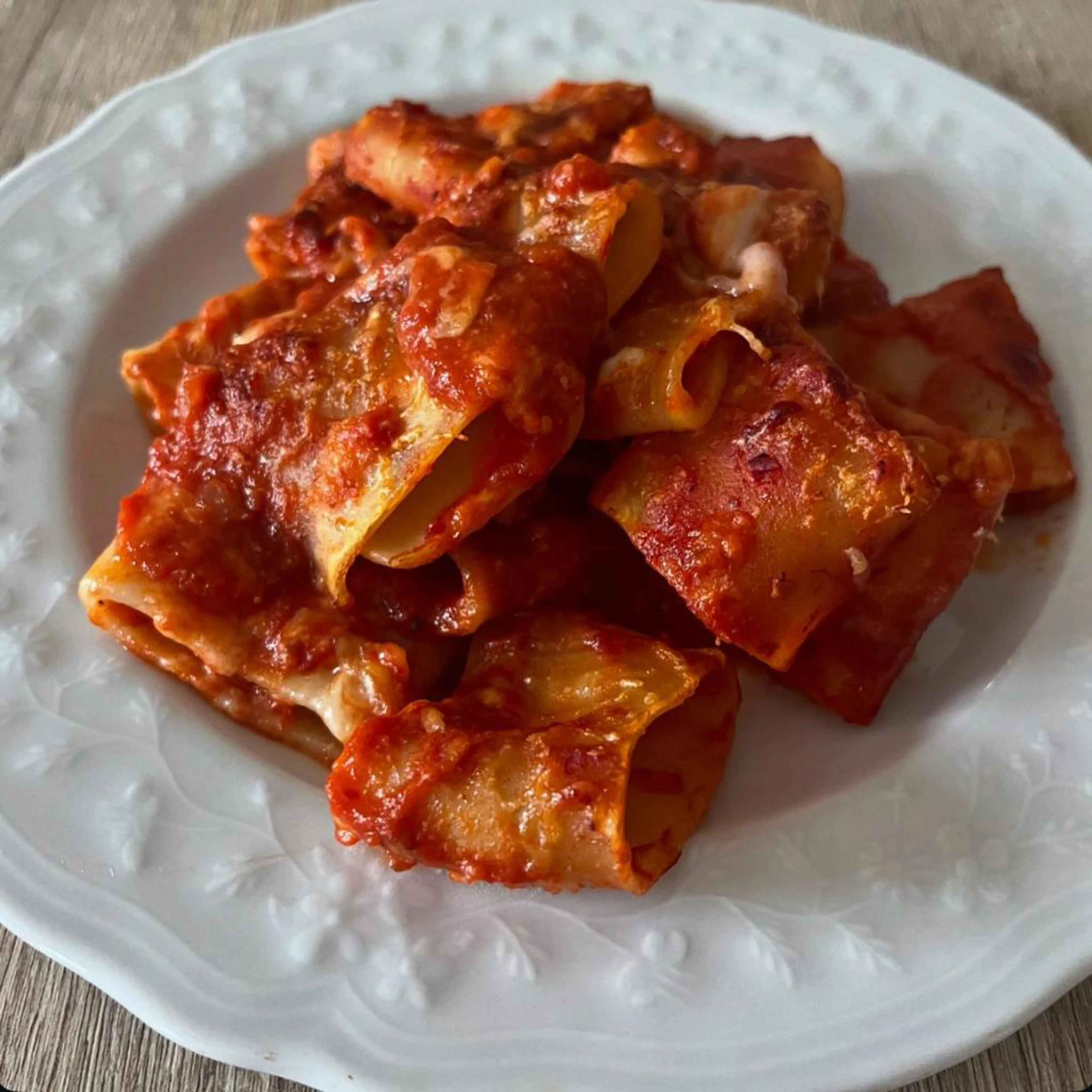 Baked Calamarata with 'nduja and provola