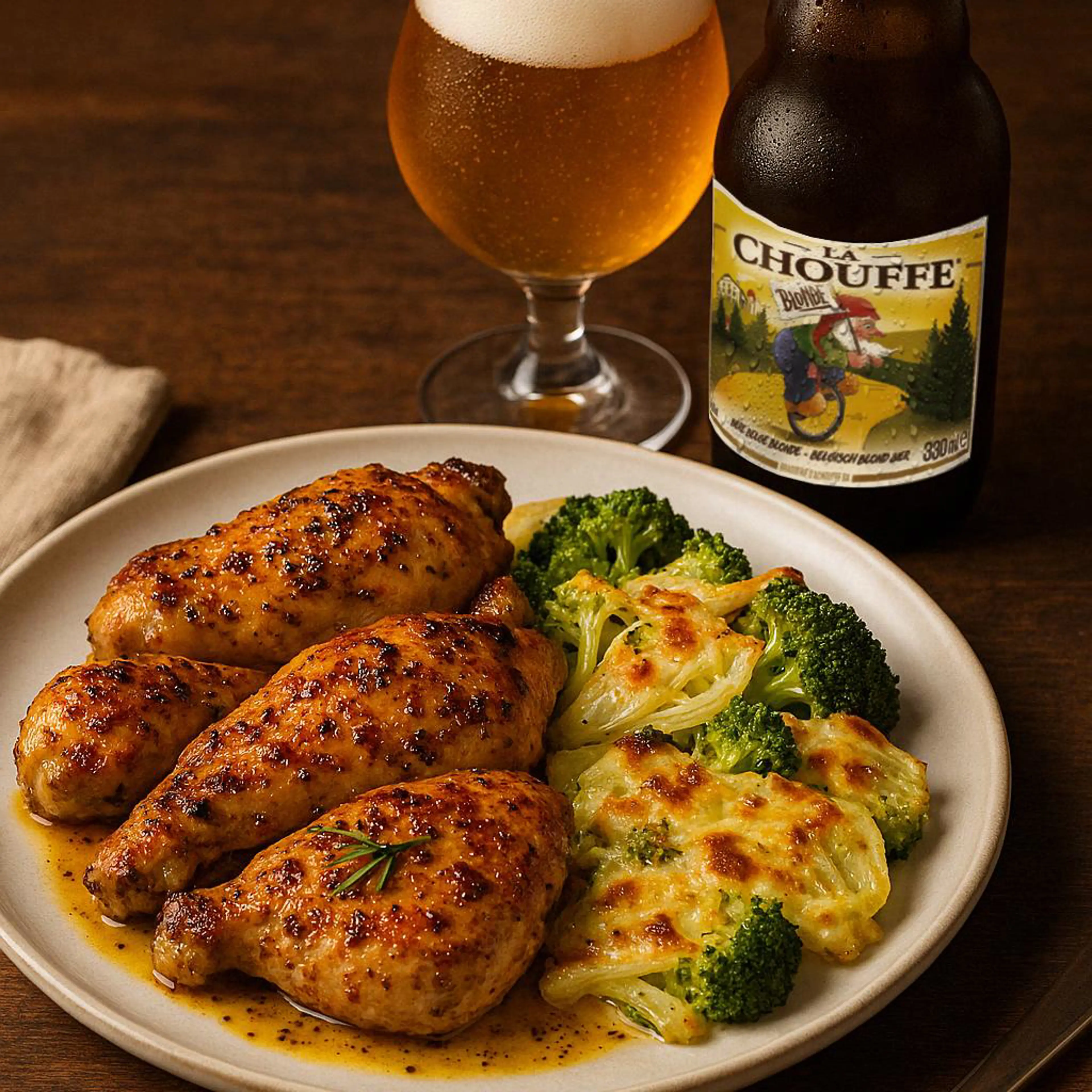Spiced mustard chicken with a side of fennel and broccoli gratin
