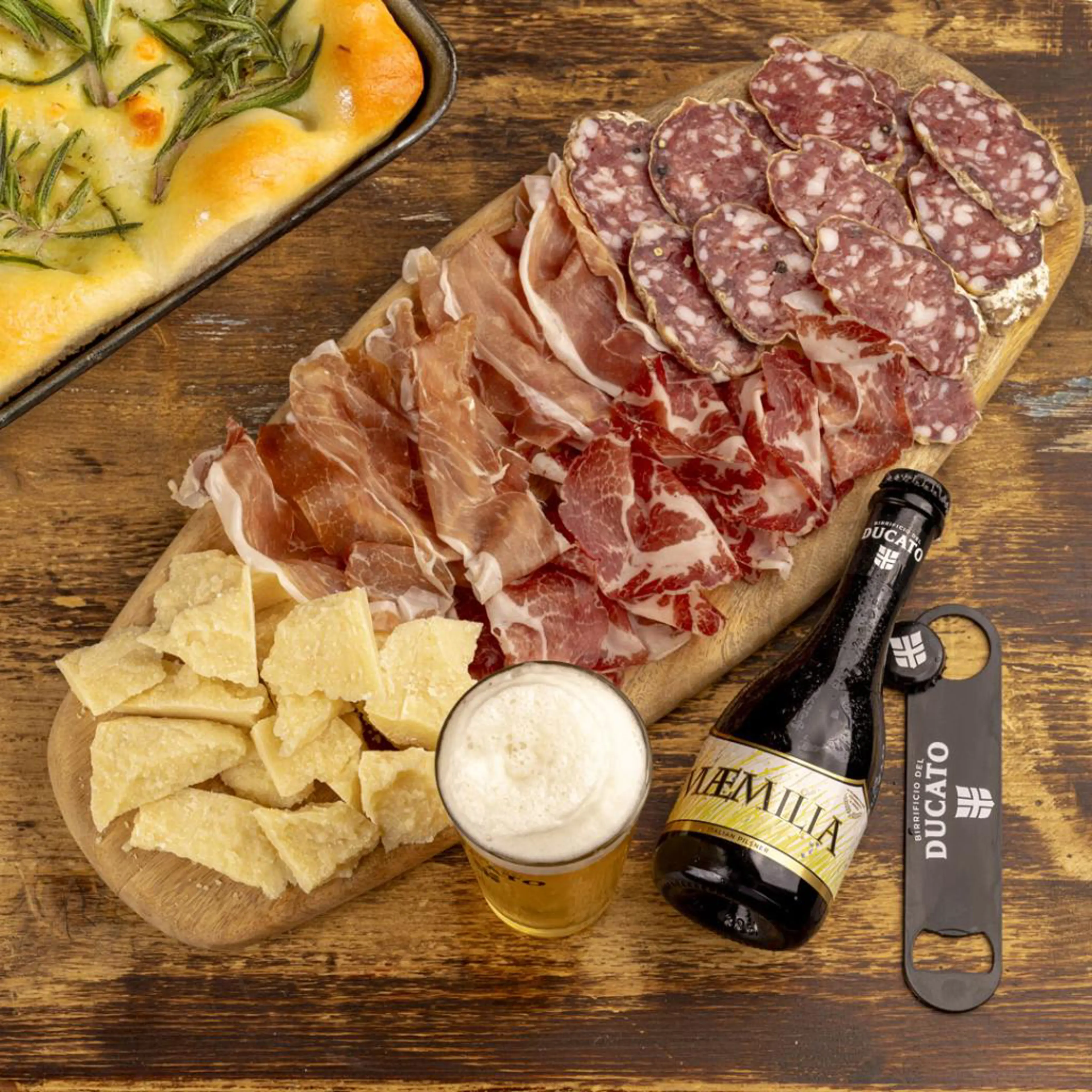 Emilian board with herb focaccia, Parma cured meats and Parmigiano Reggiano shavings