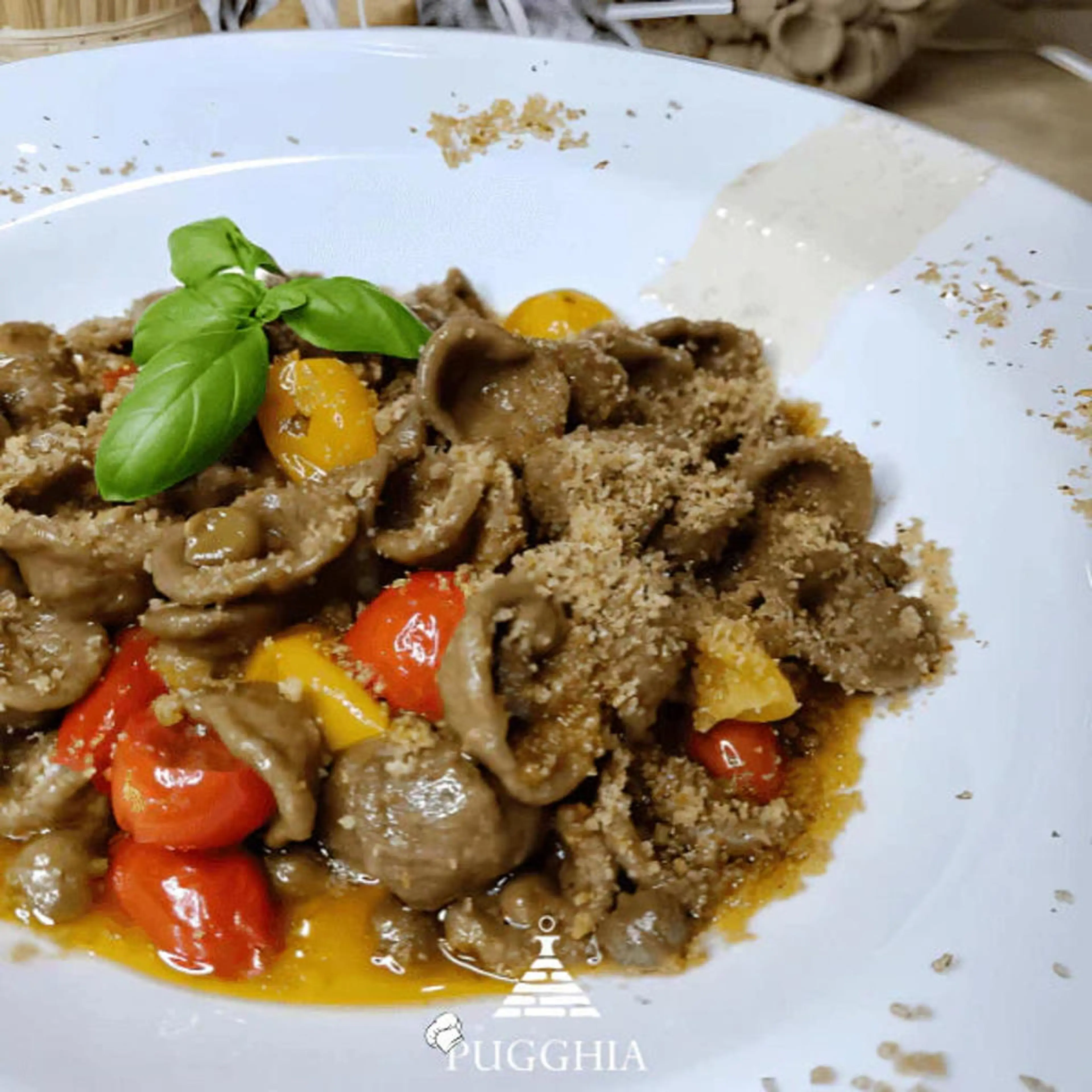 Orecchiette with grano arso and cherry tomatoes