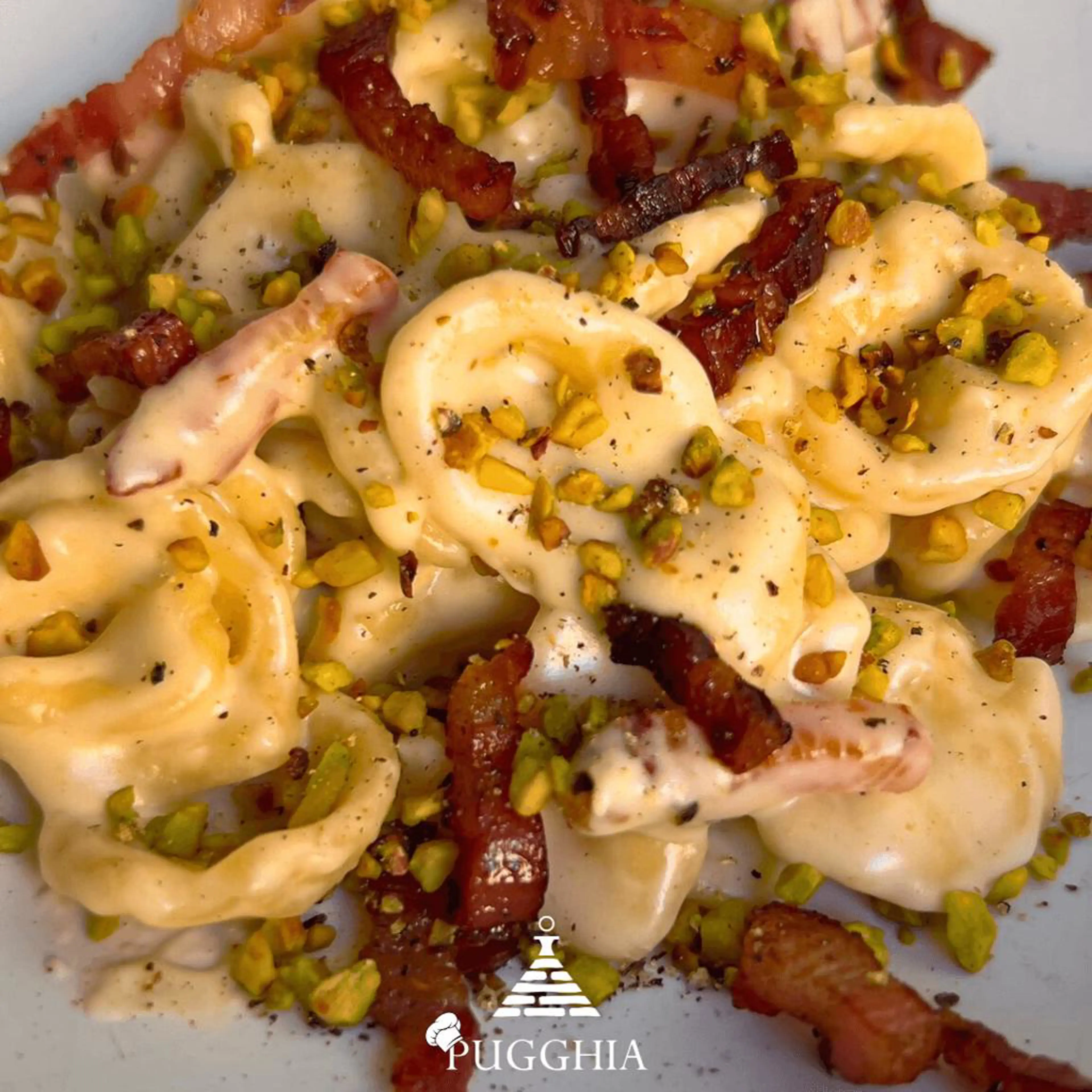 Wine orecchiette with pancetta, stracchino and pistachios