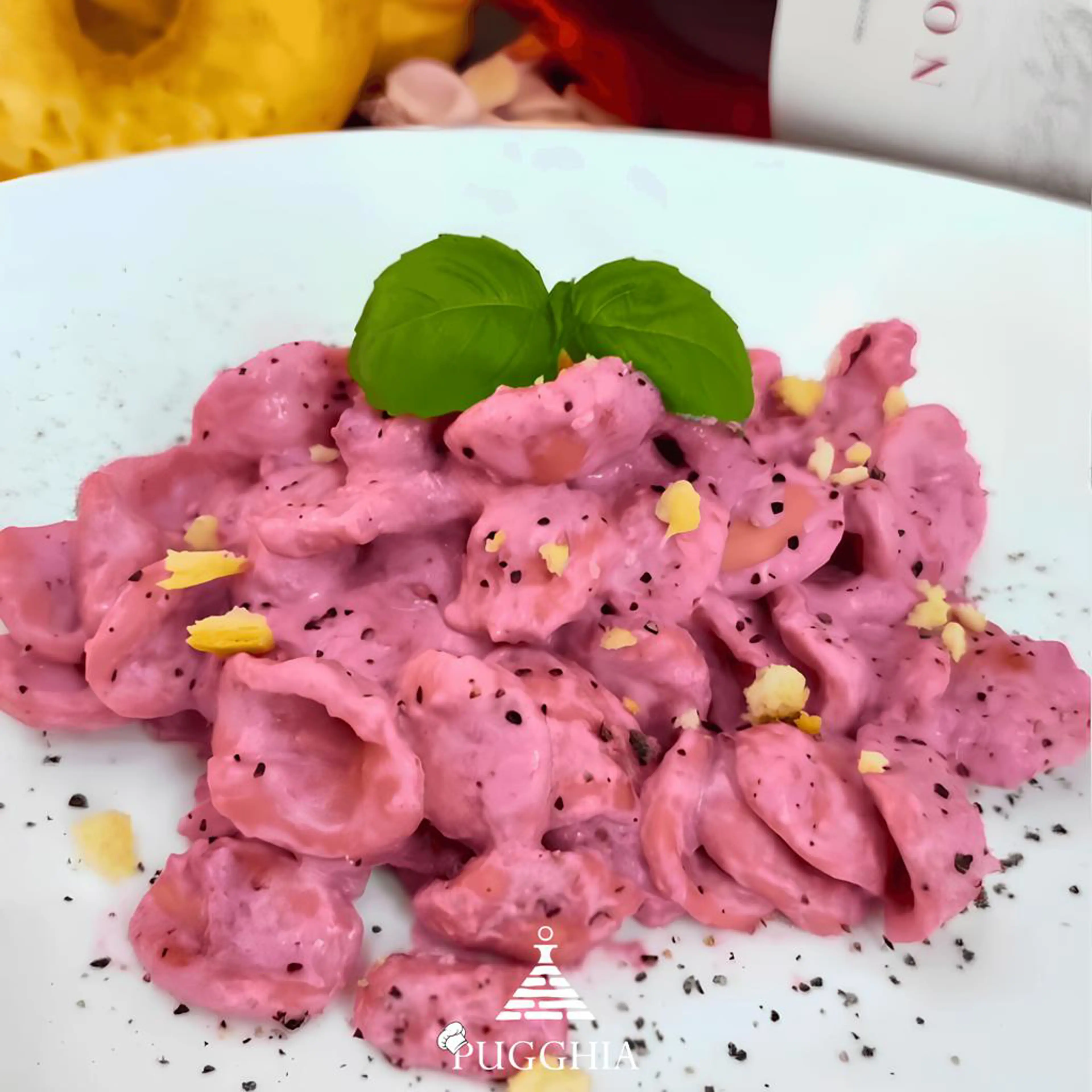 Red wine orecchiette with ricotta and beet cream