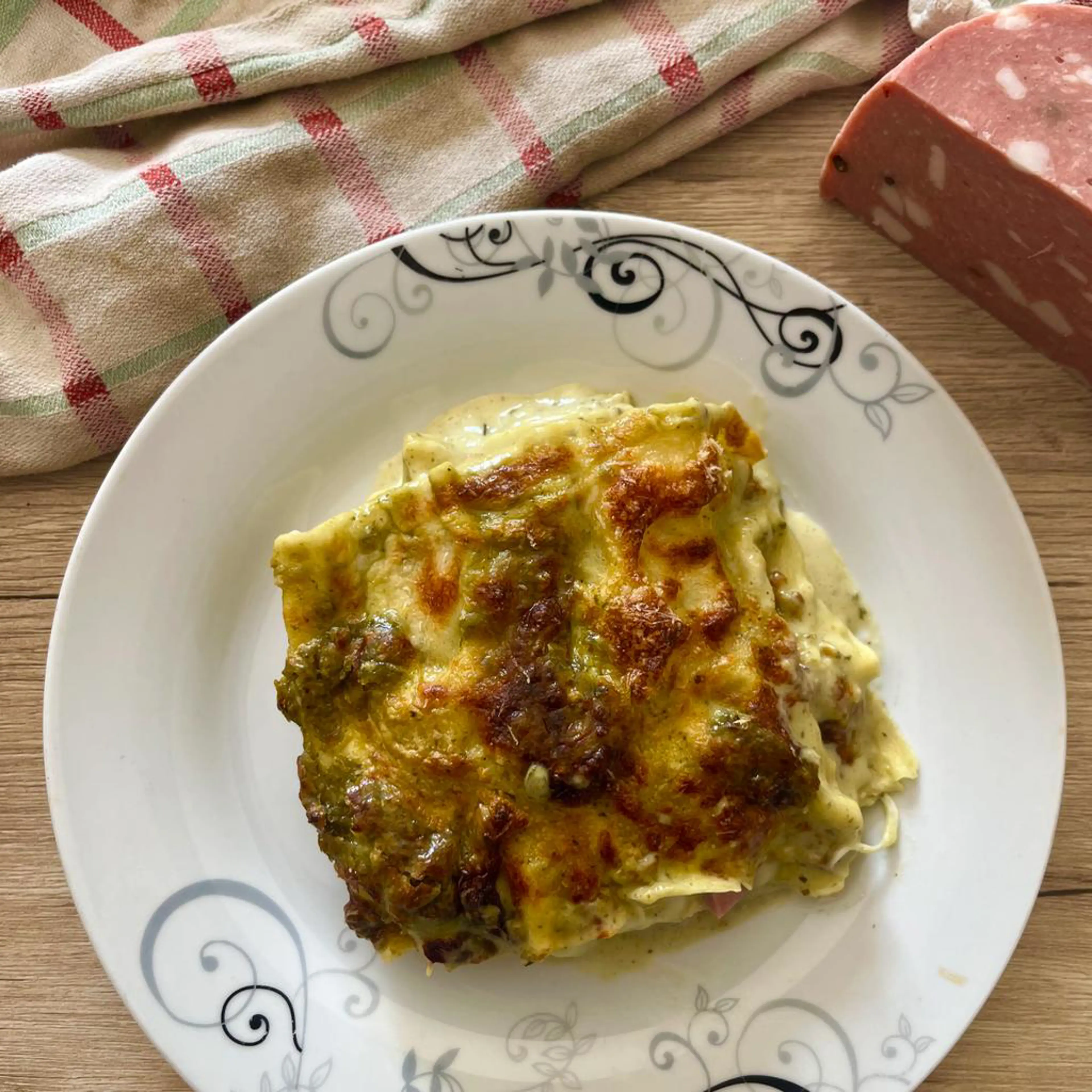 Pistachio and mortadella lasagna