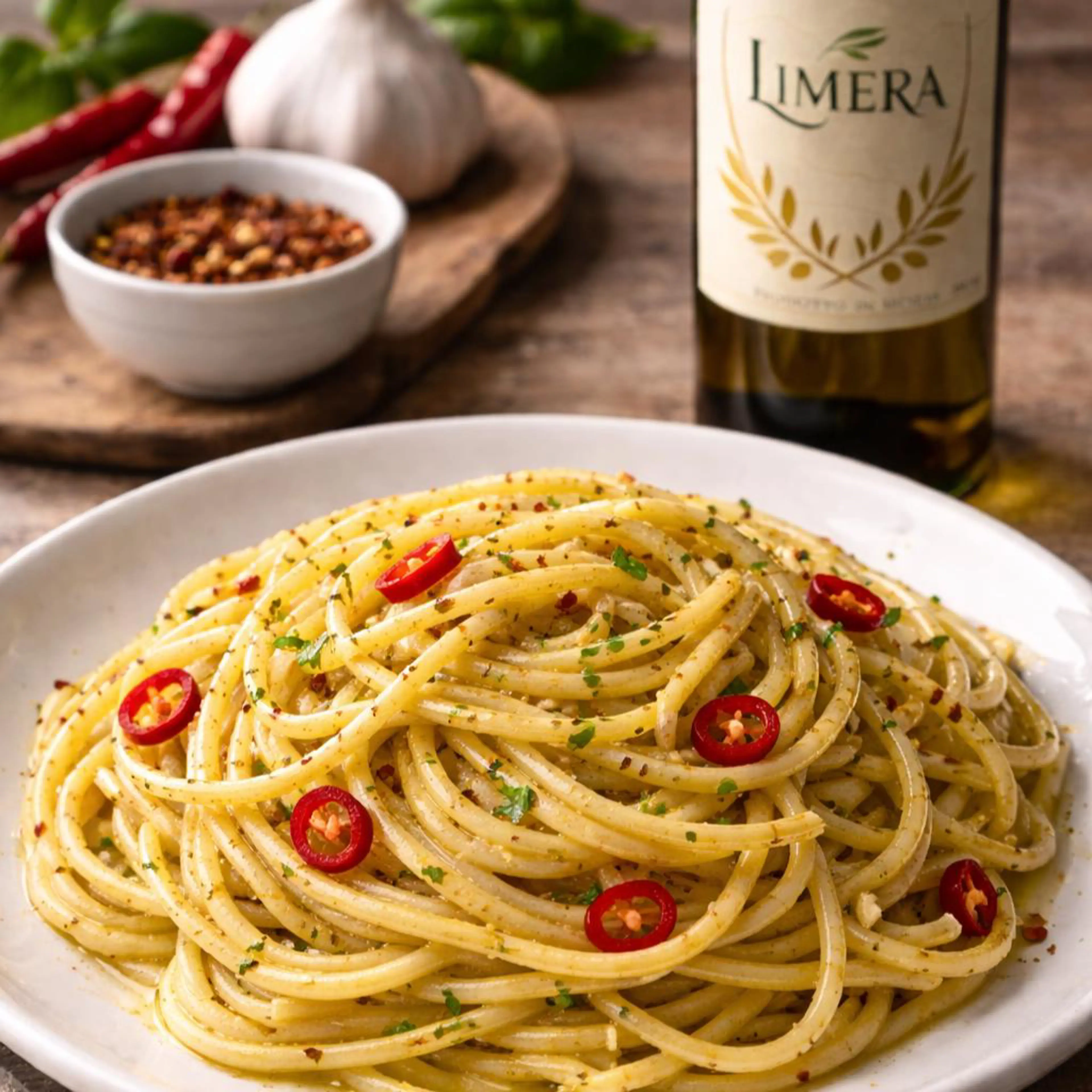 Spaghetti with garlic, chili and Limera oil