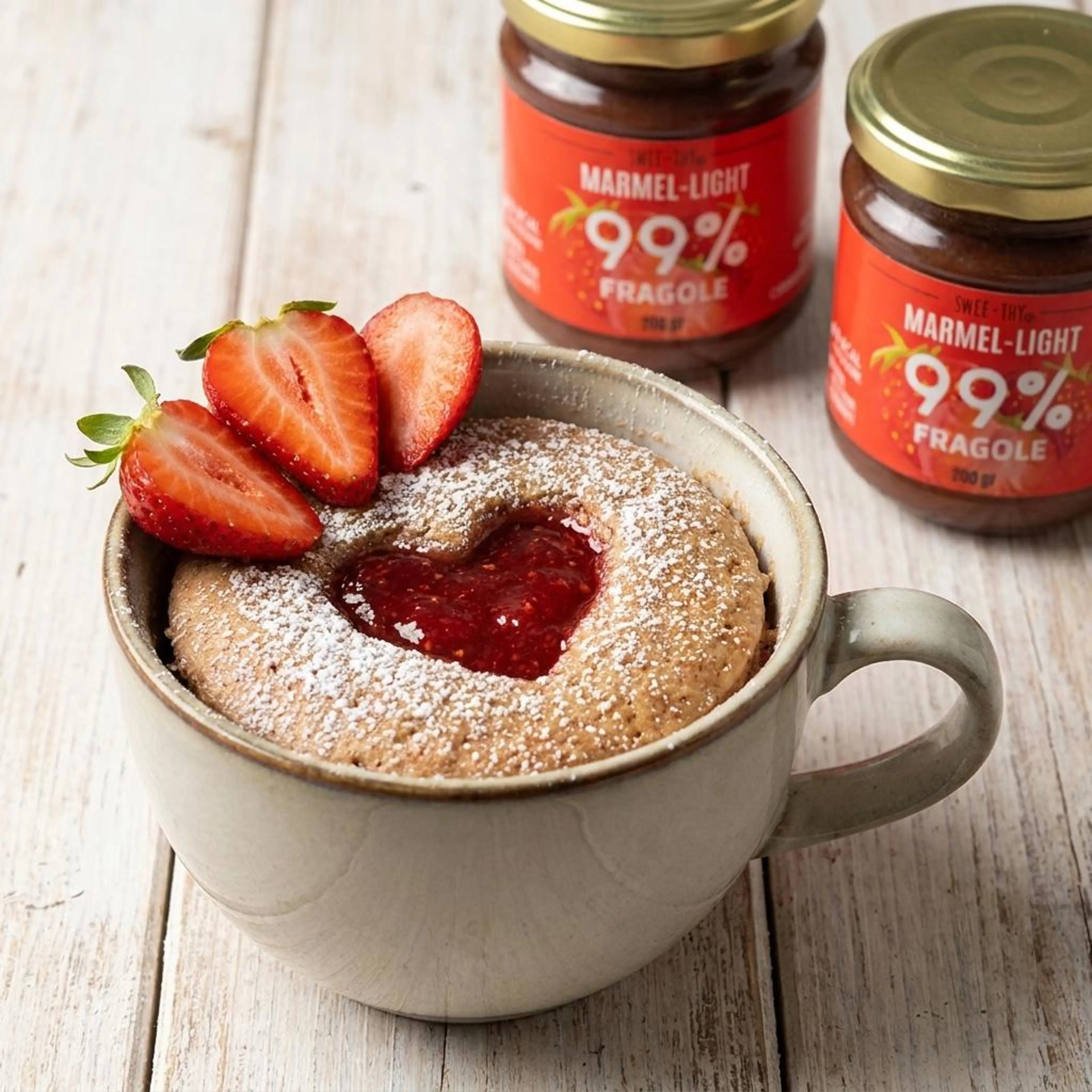 Protein strawberry heart mug cake (microwave, 90-120 sec)