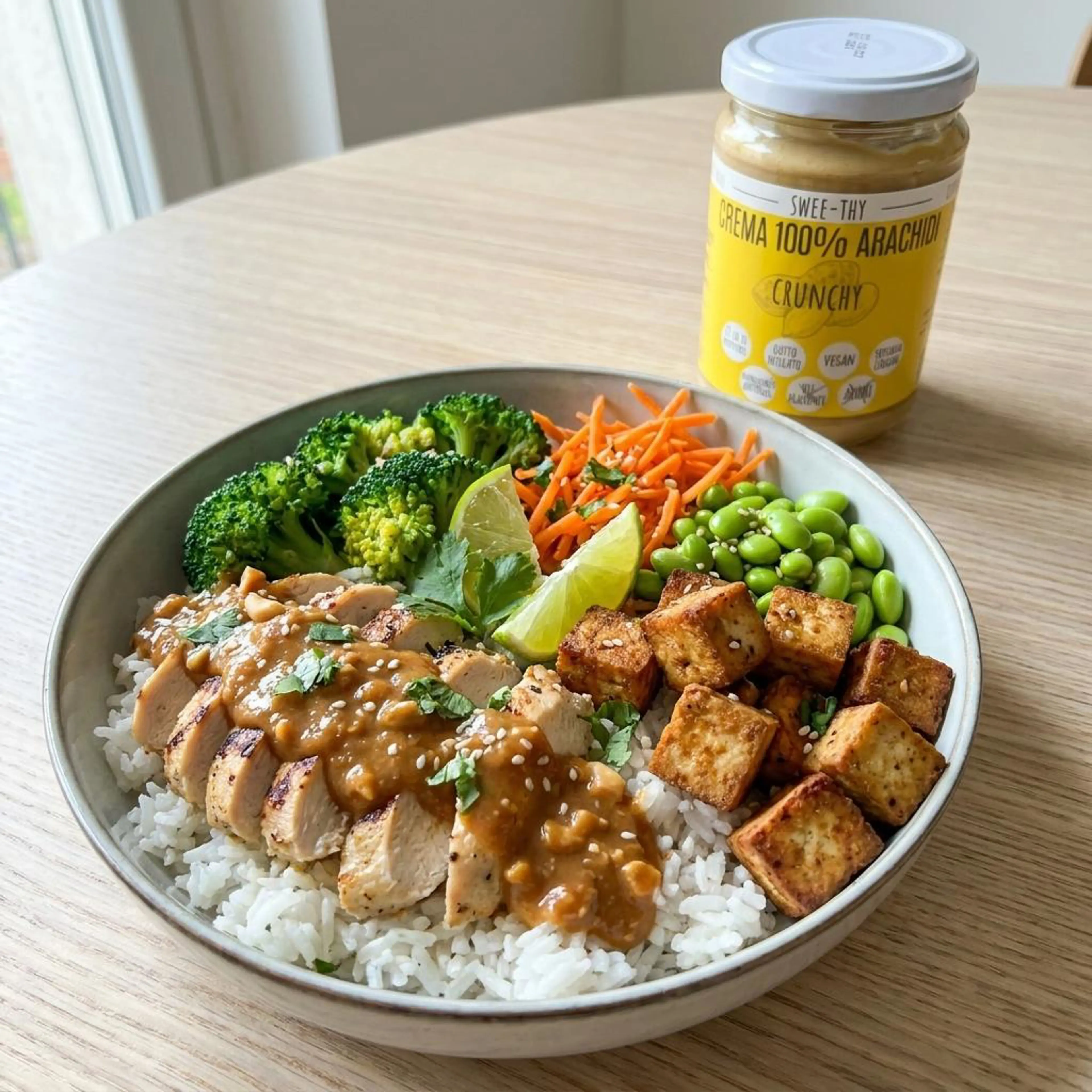 Rice bowl with chicken or tofu and crunchy peanut sauce