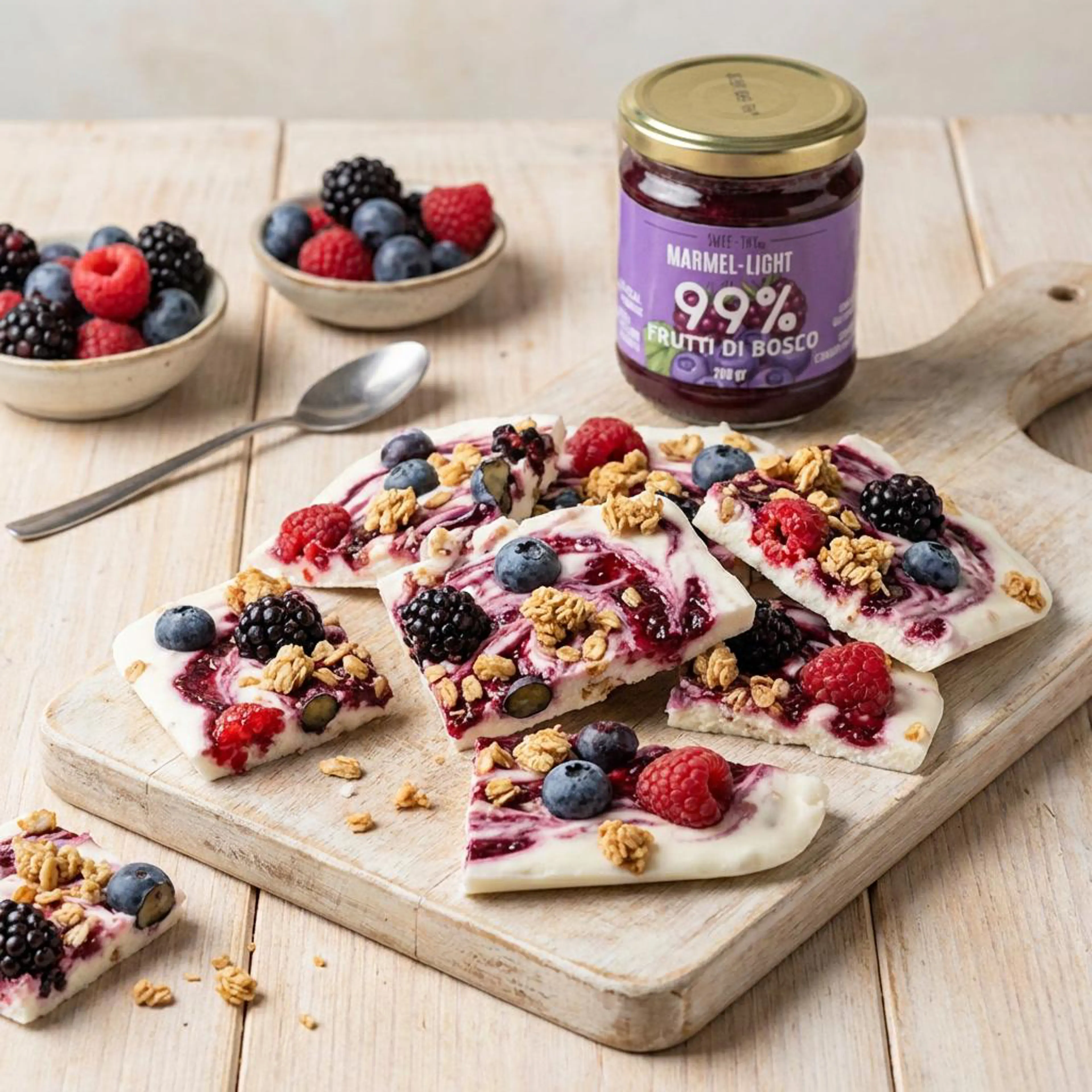 Yogurt bark “berry crunch” lactose-free snack