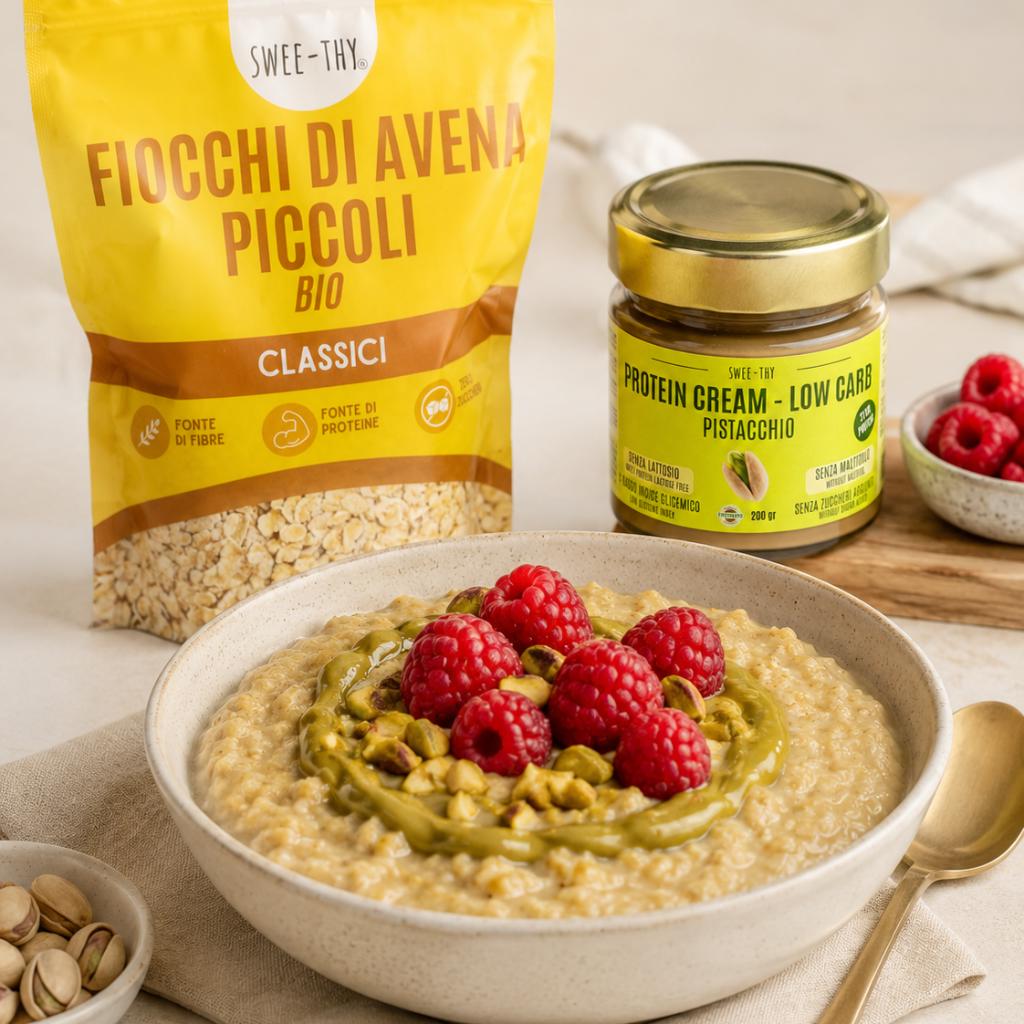 Porridge caldo al pistacchio e lamponi