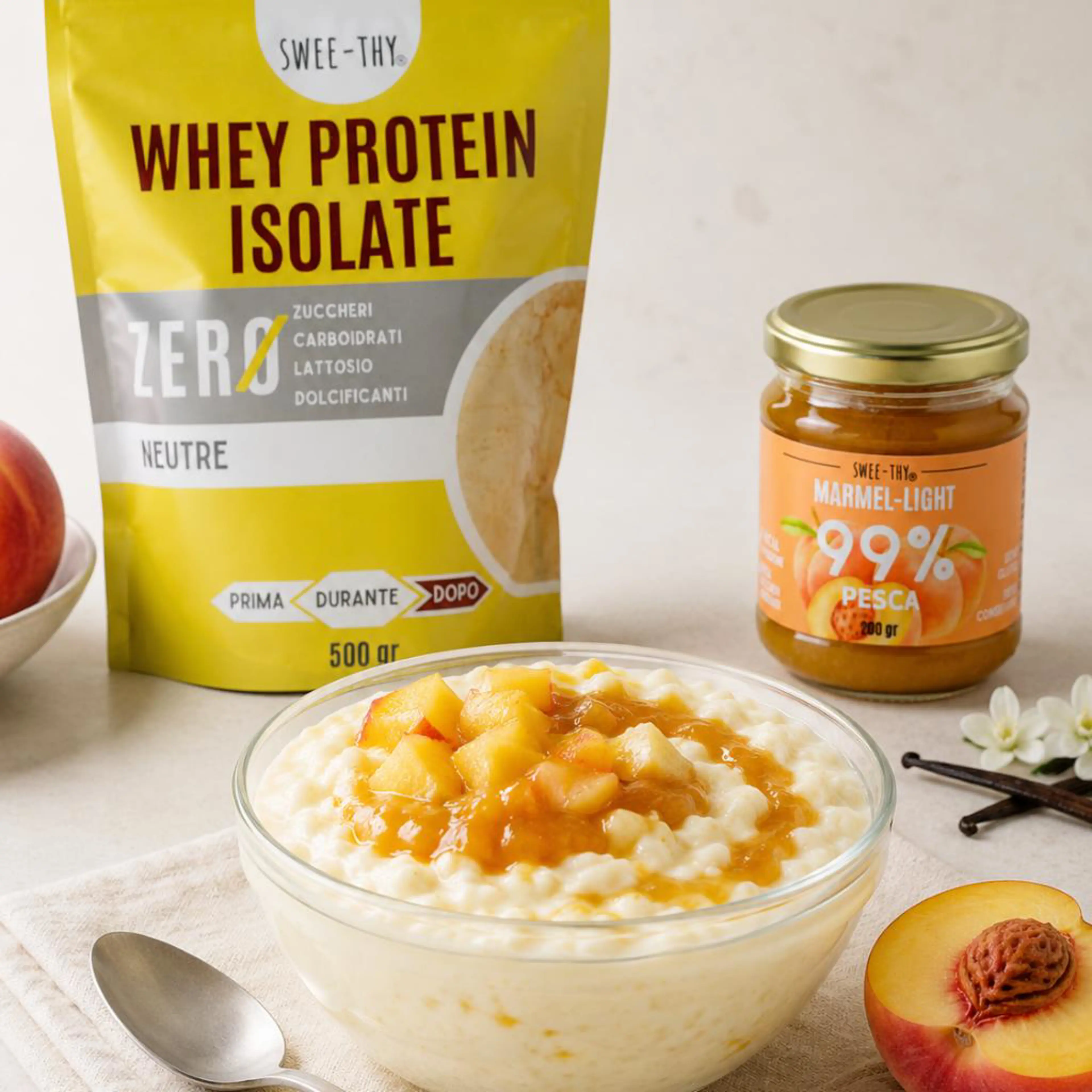Protein rice pudding alla vaniglia con pesca