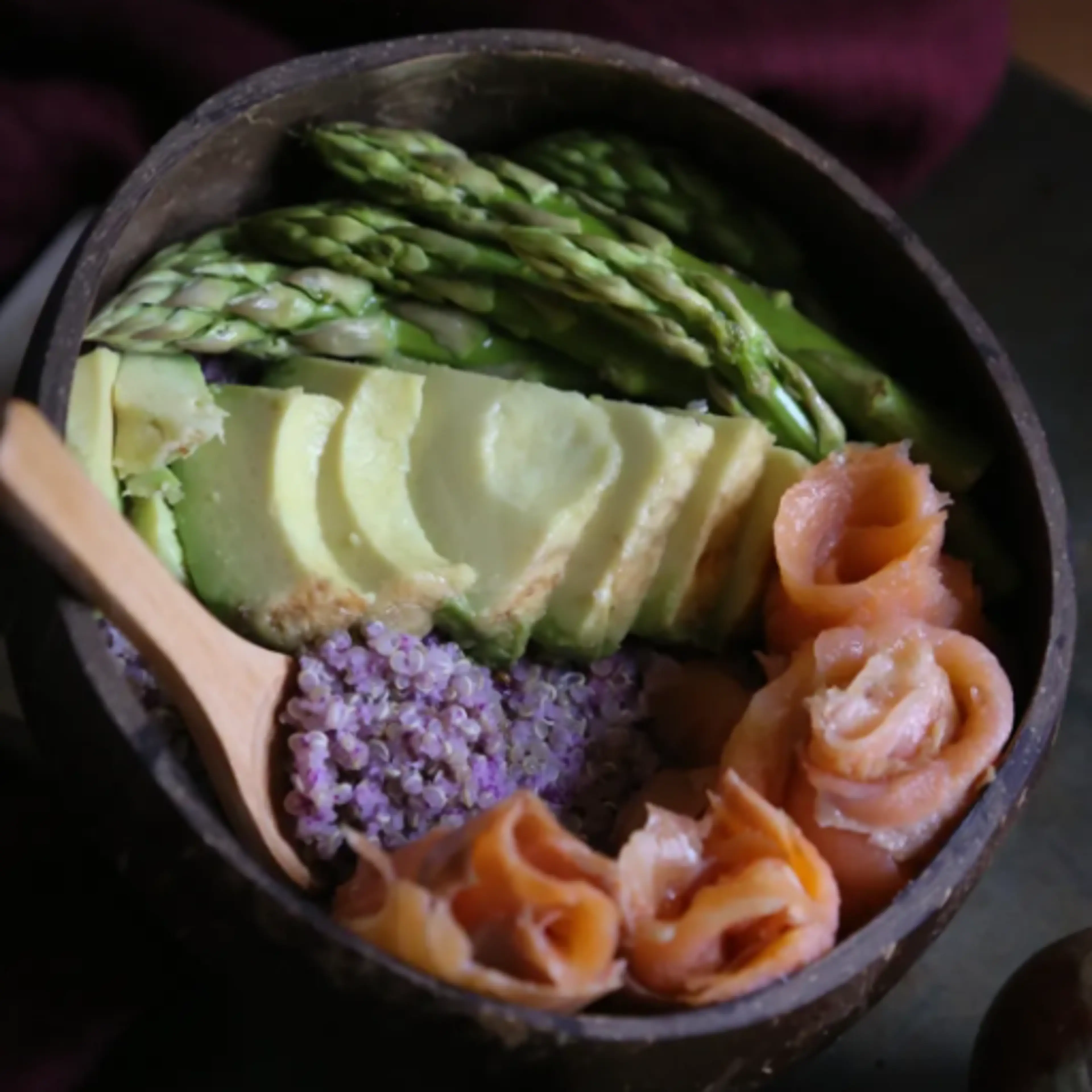 Purple salmon and avocado poke bowl