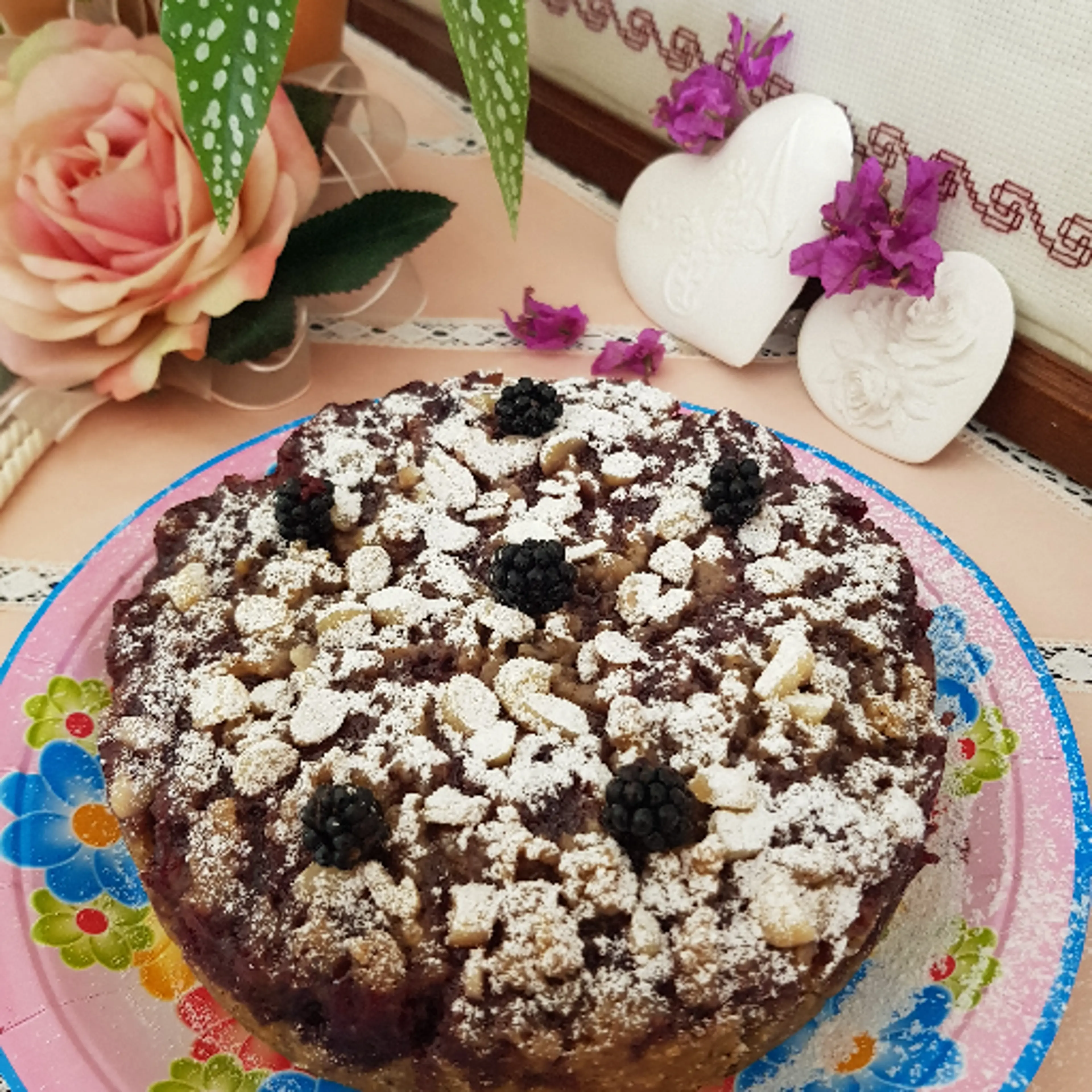 Vegan crumb cake with black mulberry jam, steamed
