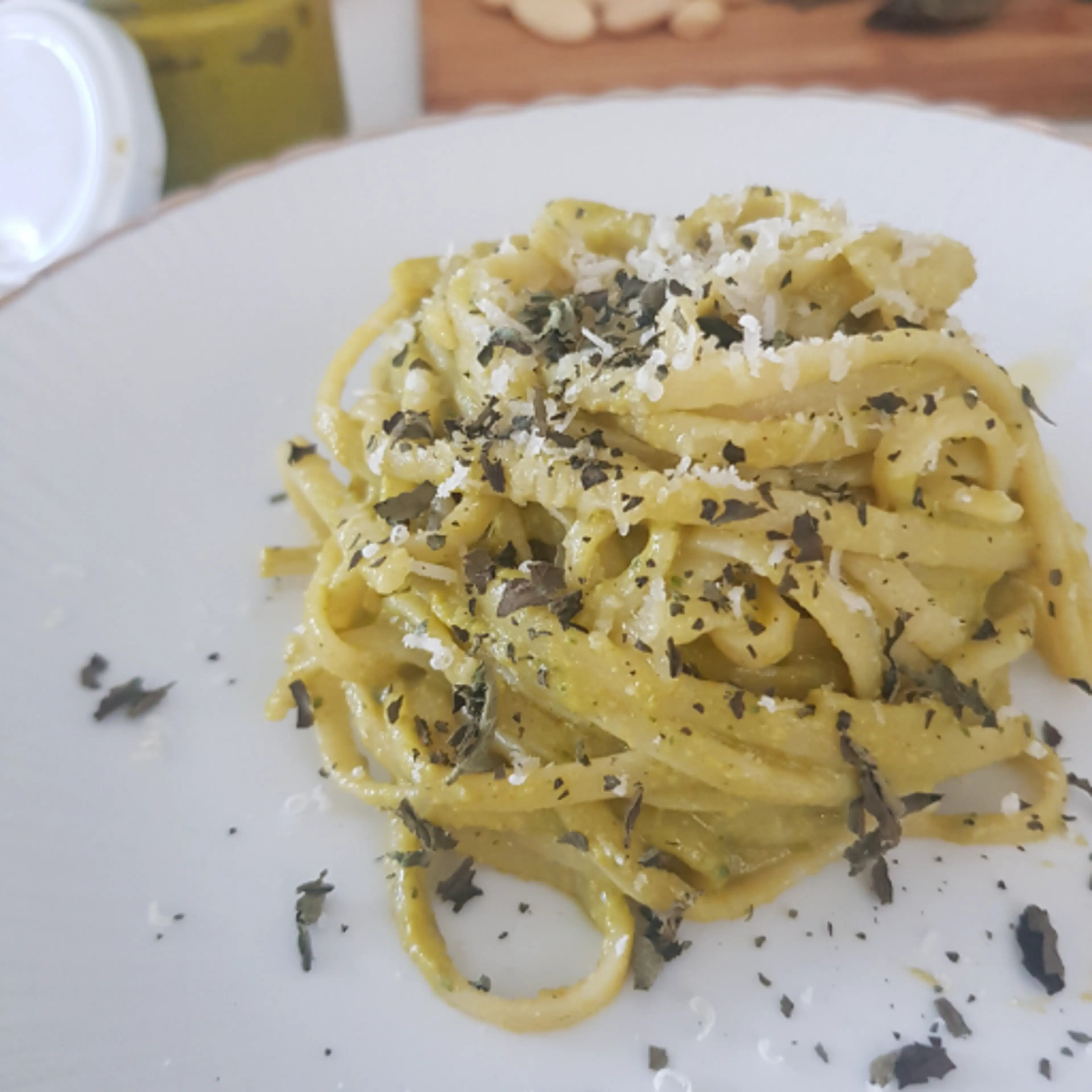 Linguine with zucchini flower pesto.
