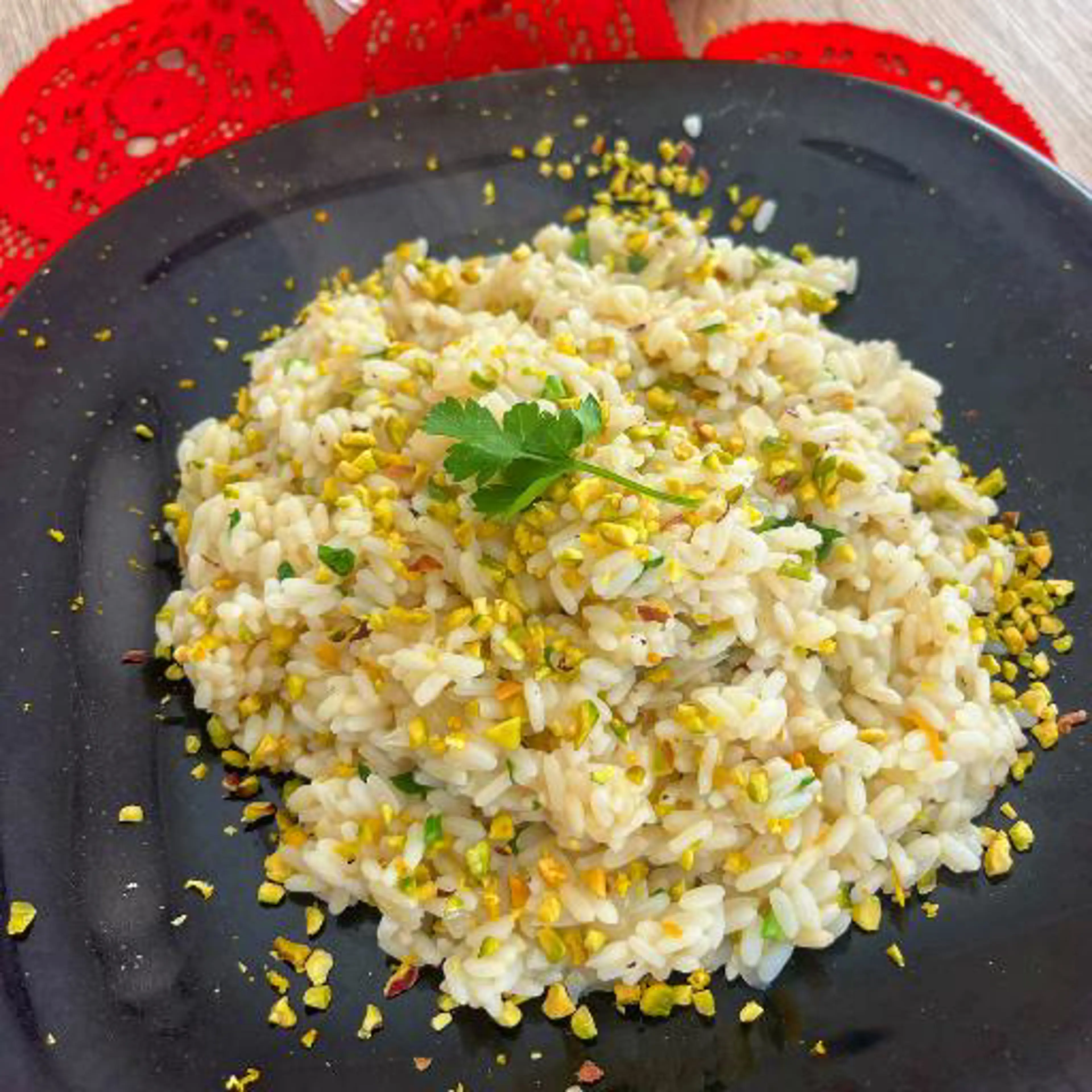 Orange risotto with pistachio crumbs