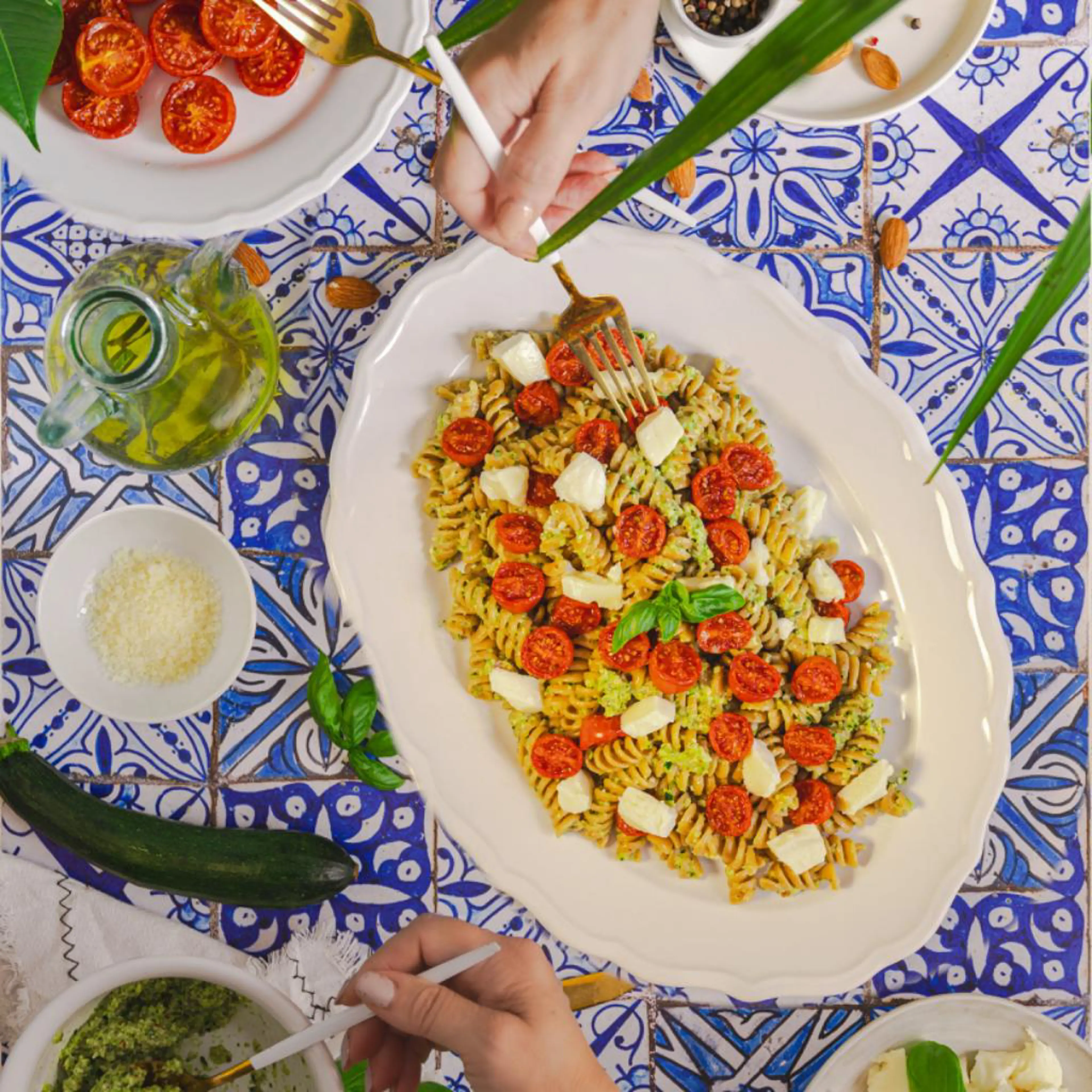 Cold Pasta with Zucchini Pesto, Confit Cherry Tomatoes and Mozzarella
