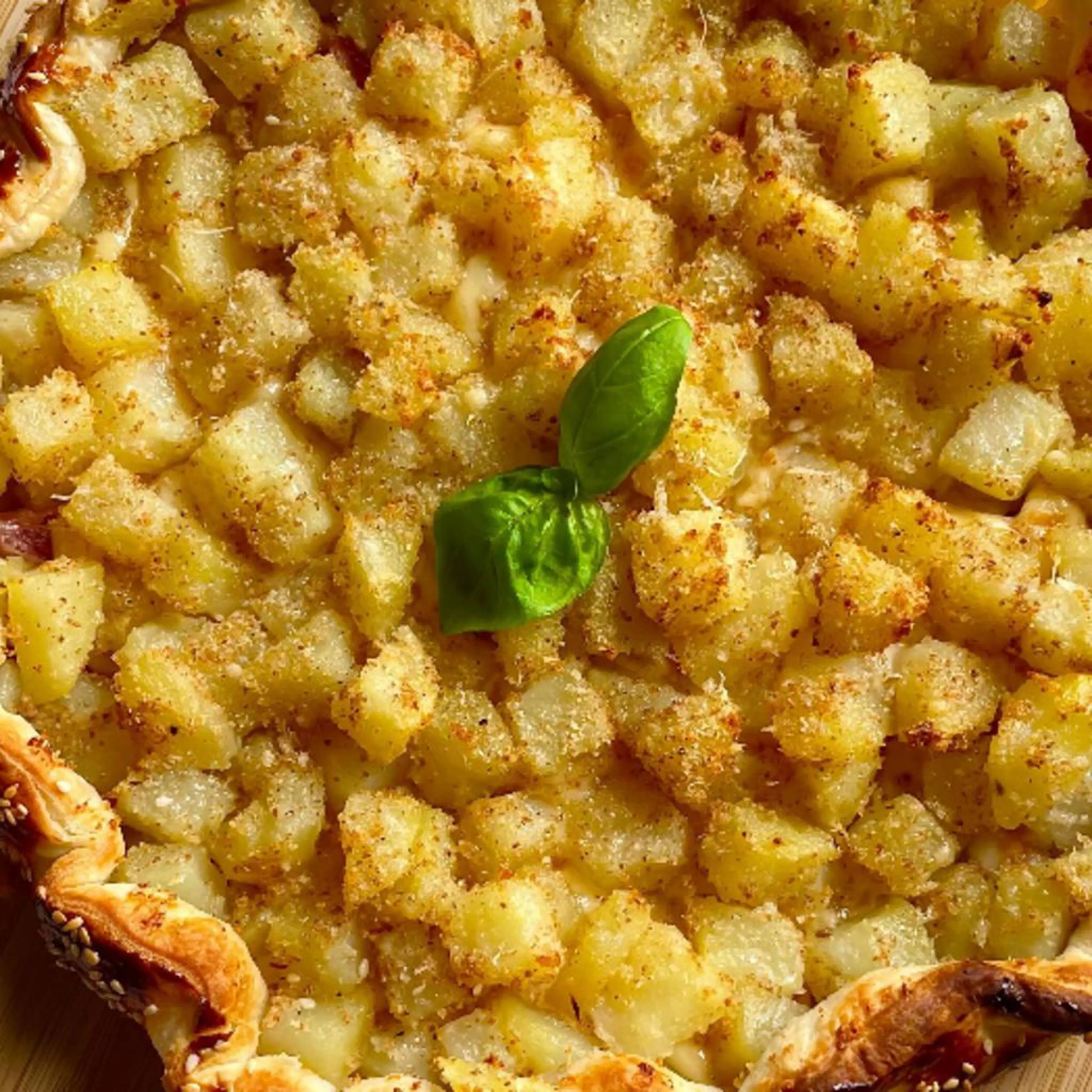 Savory tart with crispy potatoes, ham and cheese