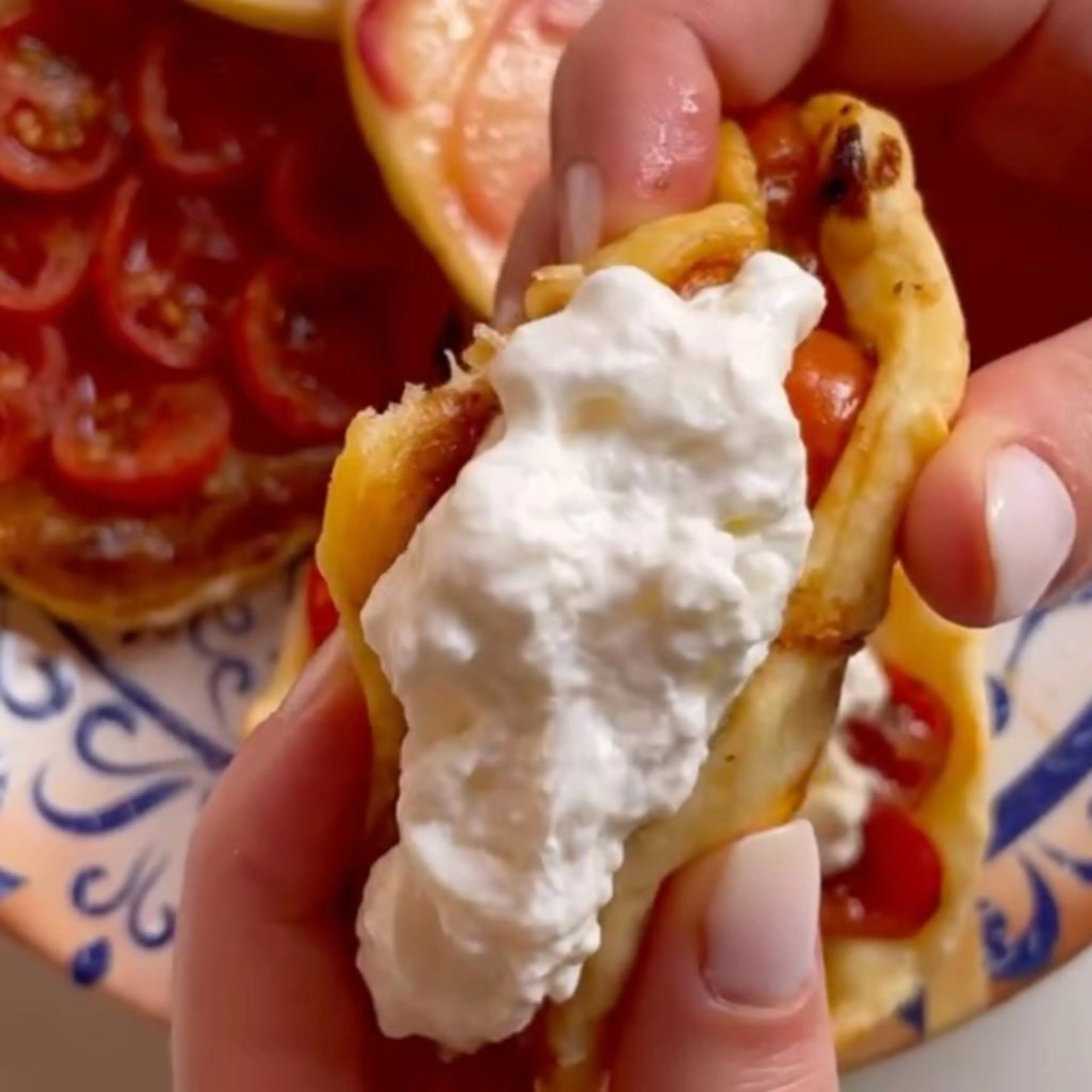 Mini tarte tatin with caramelized cherry tomatoes and burrata
