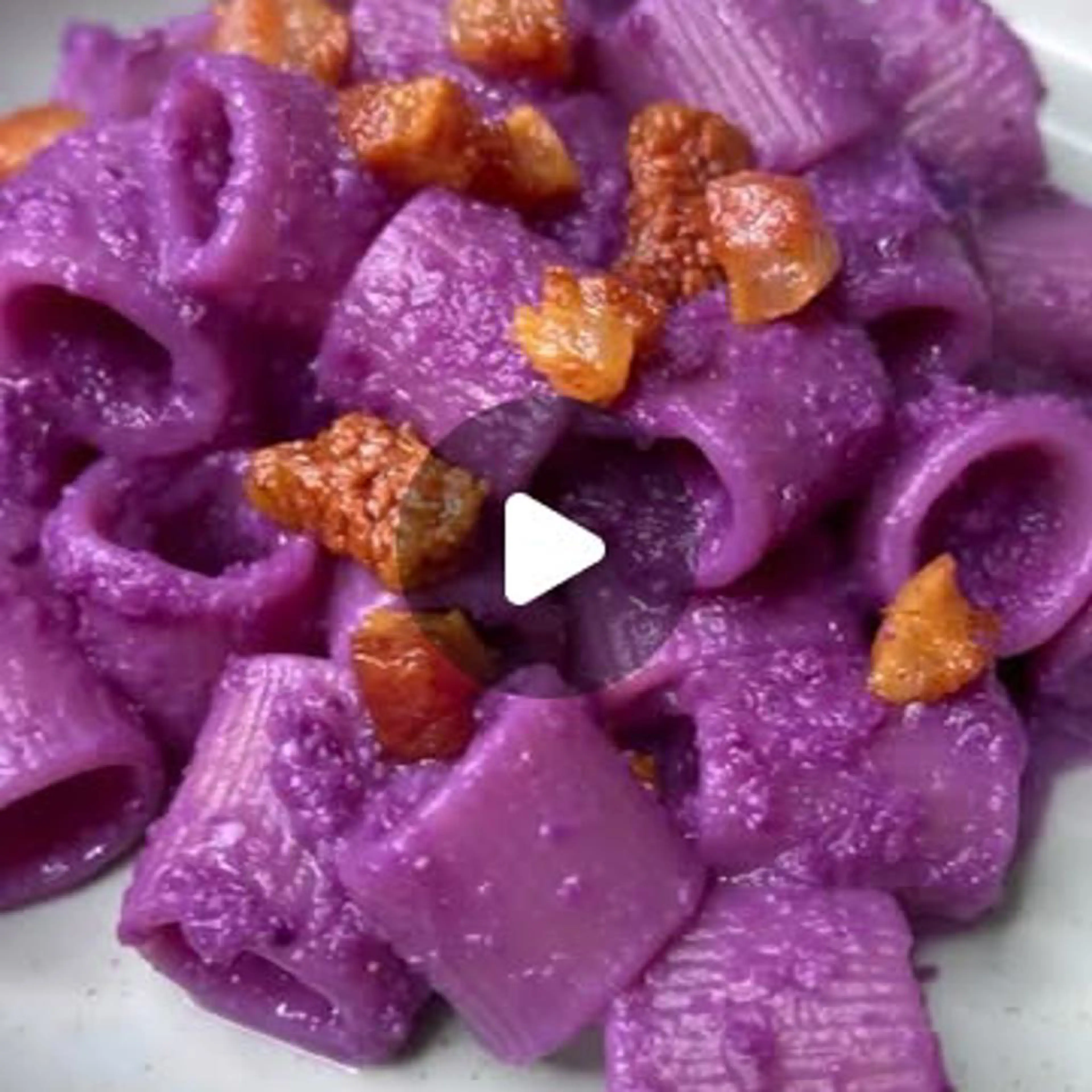 Mezze maniche with purple cabbage cream and crispy guanciale